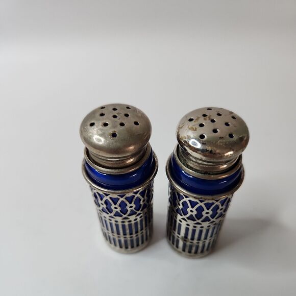 Vintage Cobalt Blue Salt & Pepper Shakers, Silver Plate Filigree Leonard,  Japan - Picture 2 of 6
